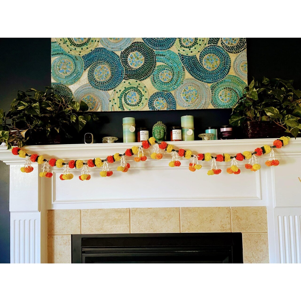 5 Feet Marigold Jasmine Yellow Orange Door Toran Hanging Valance Marygold Garland Mantle Decor Puja Diwali Decoration Day of the Dead Dia De Los Muertos Mexican Fiesta Halloween Decor